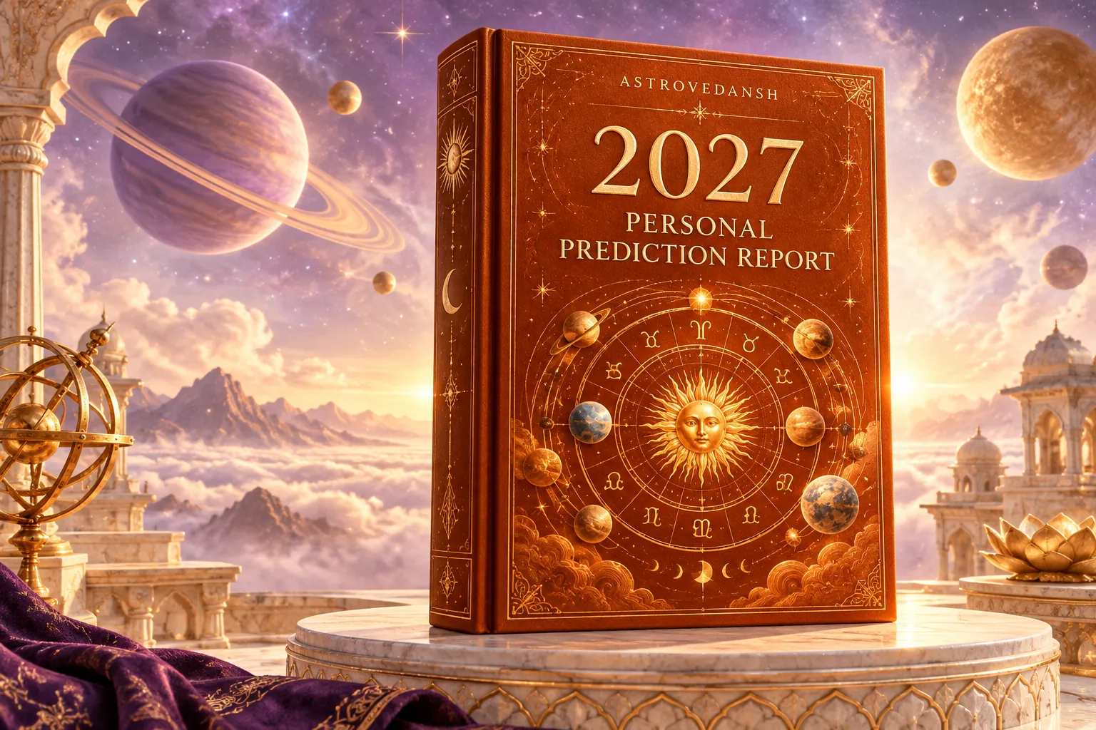AI-generated illustration of the AstroVedansh 2027 report with golden planets